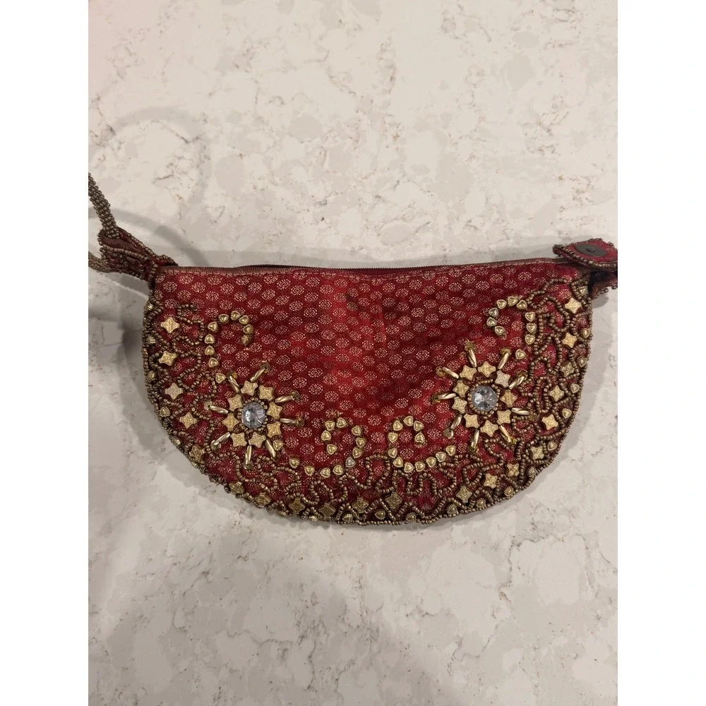 Beaded‎ Maroon Potli Folded Bag Boho VintageIndian Purse Snap Zipper Handmade